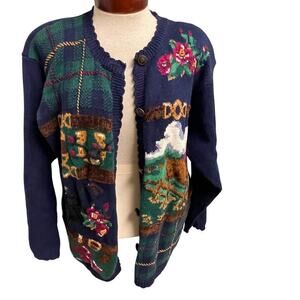 Jantzen Vintage Cardigan Knit Sweater Size XL Equestrian Horses Roses Womens